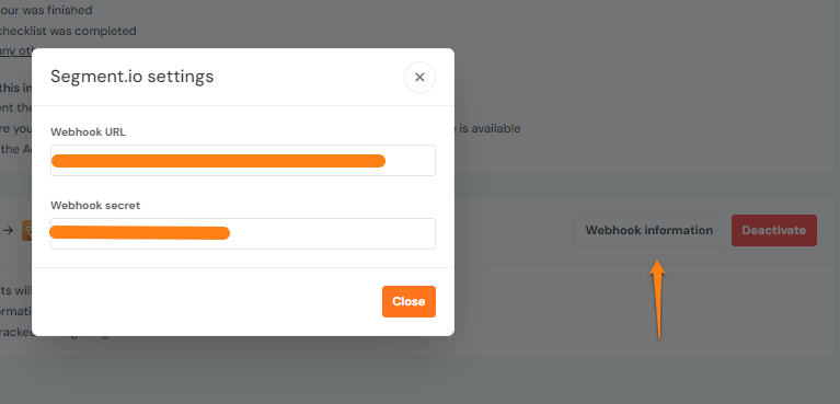 Example of a webhook URL and secret generated by Product Fruits for segment io