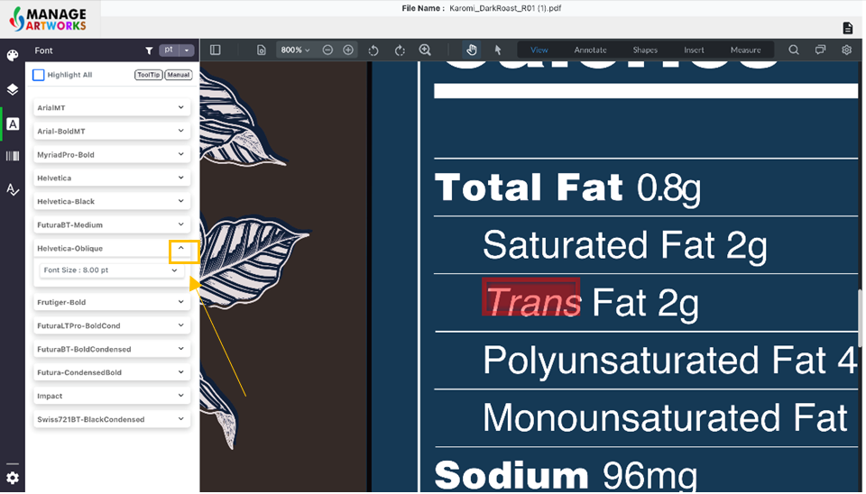 Font details on packaging artwork