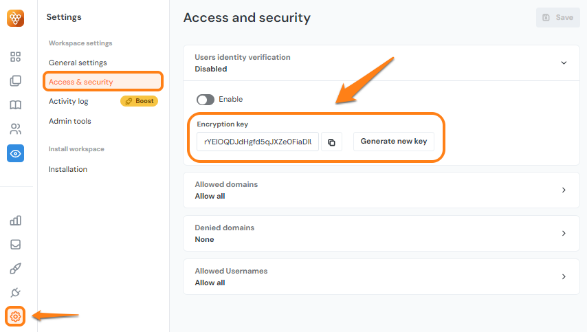 The access and security page in the Product Fruits administration showing an HMAC encryption key