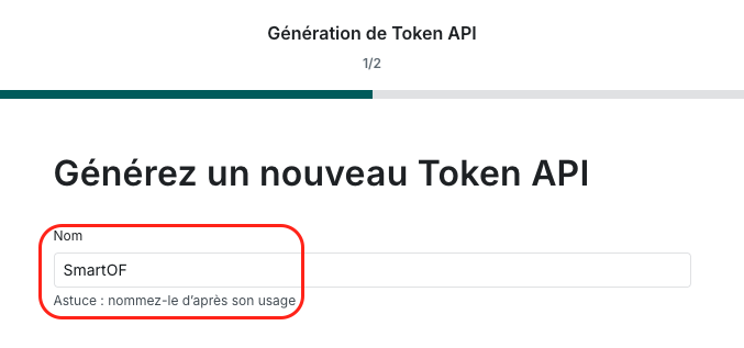 Champ Nom du token rempli avec la valeur SmartOF