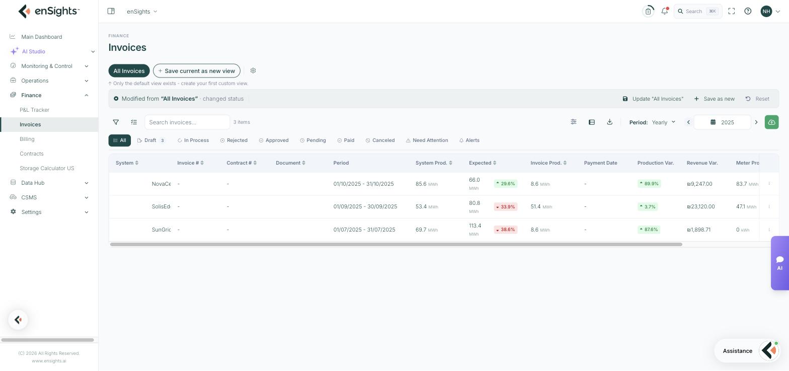 The Invoices list with saved views, status tabs and columns