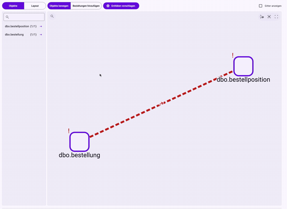 Animation: ein Rechtsklick auf die gestrichelte Datenbeziehung zwischen dbo.bestellung und dbo.bestellposition, Bearbeiten, der Bereich Datenbeziehung konfigurieren unter der Arbeitsfläche, das Verbindungsfeld neben der Zielspalte bestellung_id wird auf bestellung_id der Quelle gesetzt, Bestätigen, und die Beziehung auf der Arbeitsfläche wechselt von gestrichelt zu durchgezogen