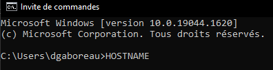 Invite de commandes 
icrosoft Windows [version IB.B. 19844.1628] 
(c) Microsoft Corporation. Tous droits réservés . 
: \Users\dgaboreau>HOSTNAME 