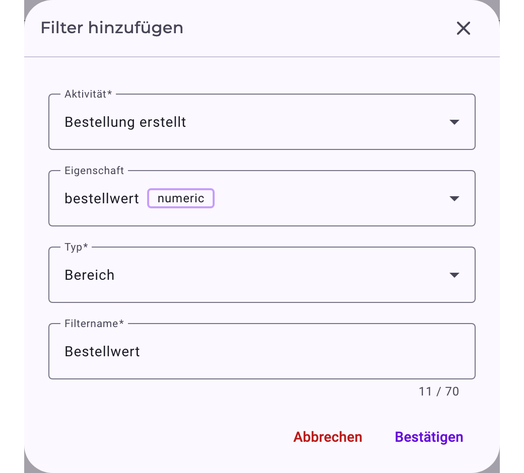 Der Dialog Filter hinzufügen: Aktivität Bestellung erstellt, Eigenschaft bestellwert (numeric), Typ Bereich, Filtername Bestellwert