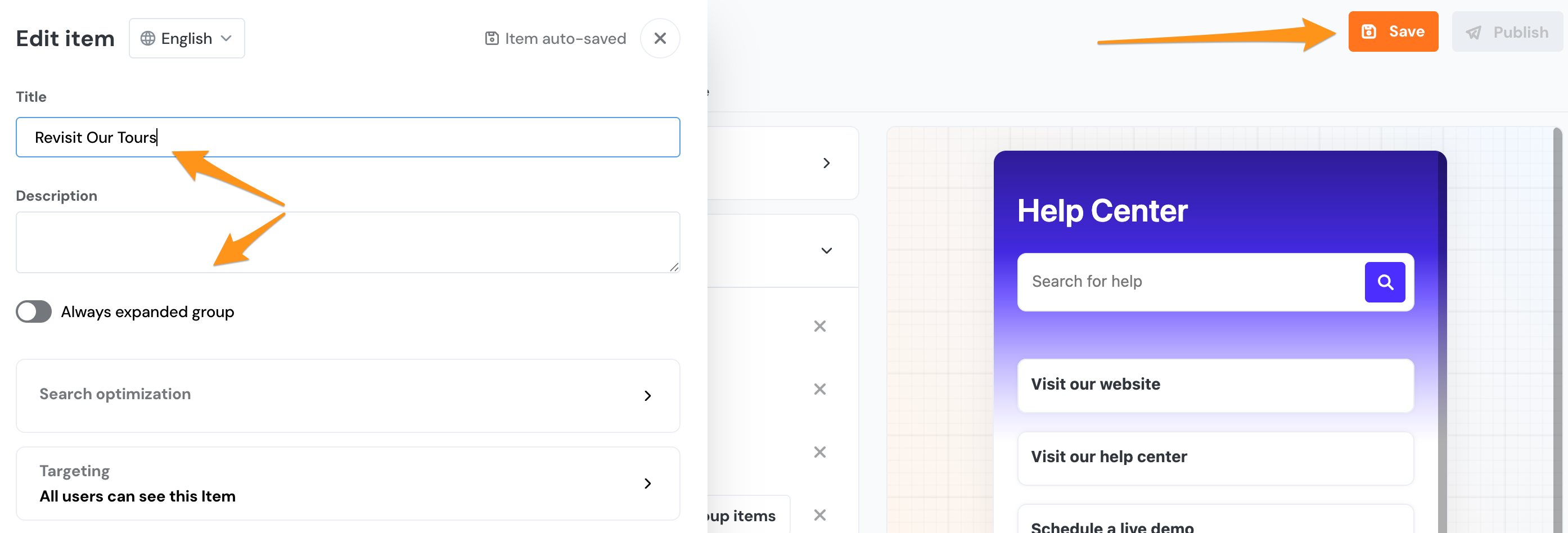 The Add Group of Items page pointing to the Item, Description, and Save button