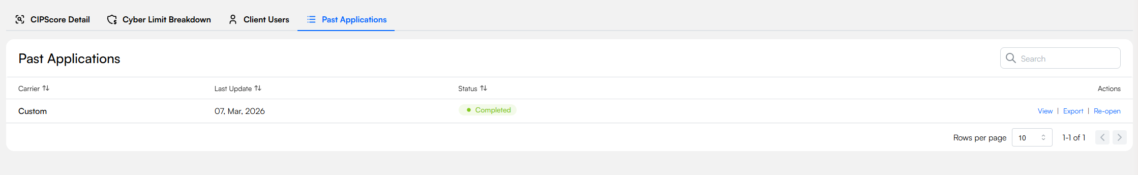 Past Applications tab showing a table with columns for Carrier, Last Update, Status, and Actions. One completed application is listed with View, Export, and Re-open links.