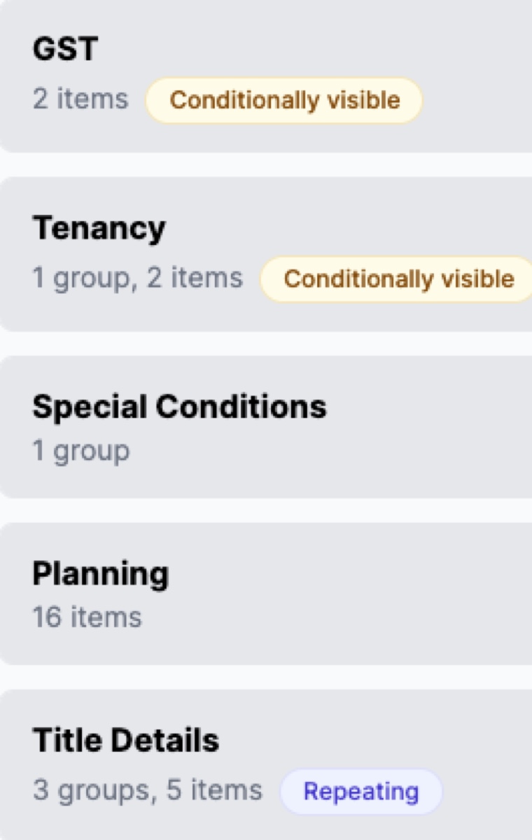 Section headers showing Conditionally visible and Repeating badges