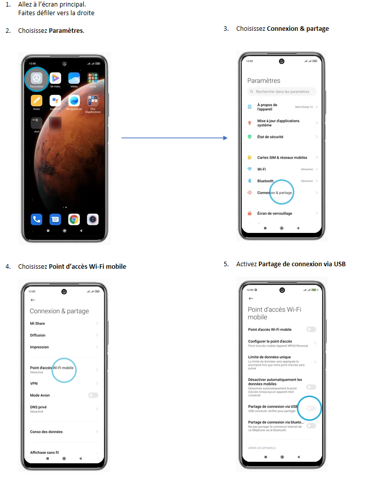 Allez à l’écran principal.Faites défiler vers la droite
Choisissez&nbsp;Paramètres.
Image sans titre.png, 화•  

Choisissez&nbsp;Point d’accès Wi-Fi mobile
2022-03-22_12h36_07.png, Connexion 8 partage  


Choisissez&nbsp;Connexion & partage
2022-03-22_12h35_52.png, Paramétres 
etat 
de  

Activez&nbsp;Partage de connexion via USB

2022-03-22_12h36_52.png, Point d'accès Wi-Fi 
mobile  

Image sans titre.emf, 
 
