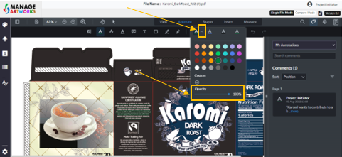 Change the opacity of underlined text on the packaging artwork