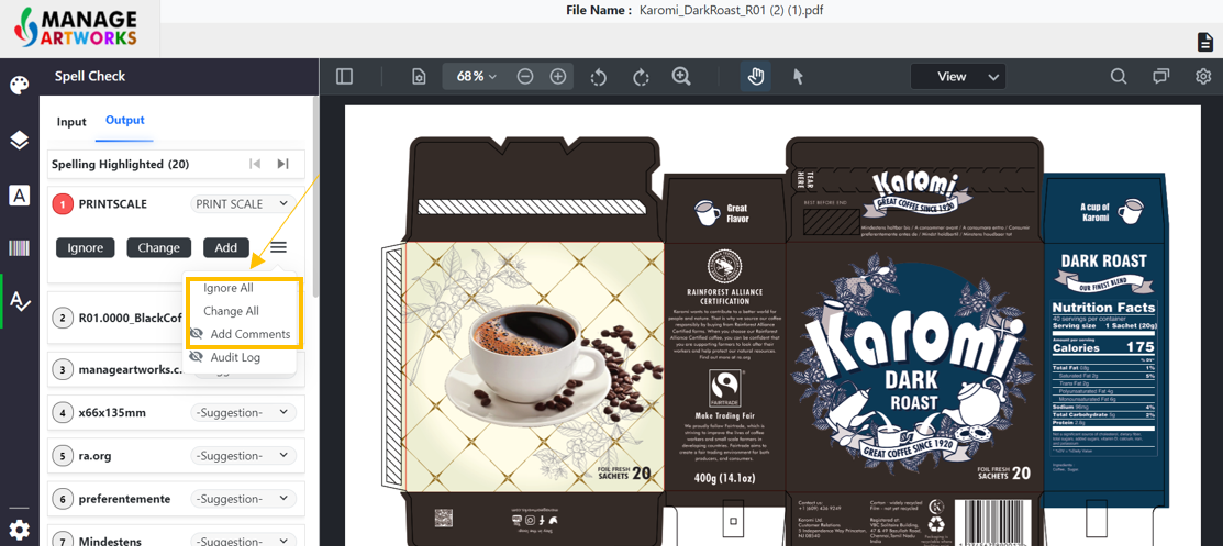 Automatic spellcheck for packaging artworks