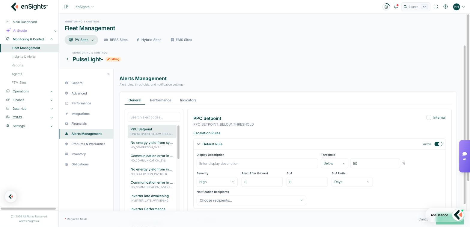 The Alerts Management tab with the alert-code list and escalation rules