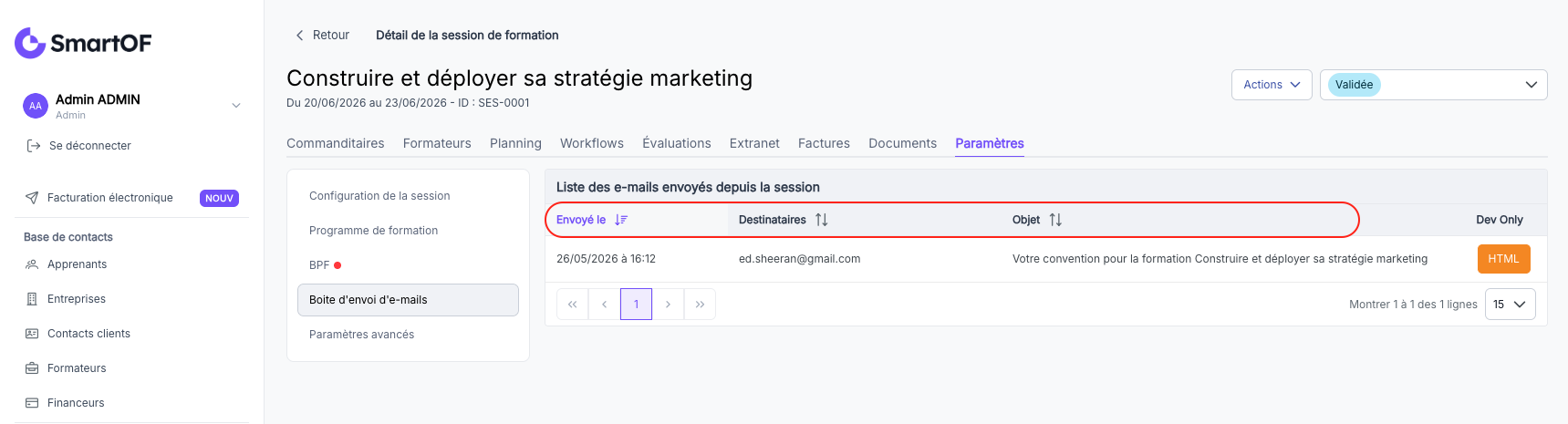 Options de tri de la liste des emails
