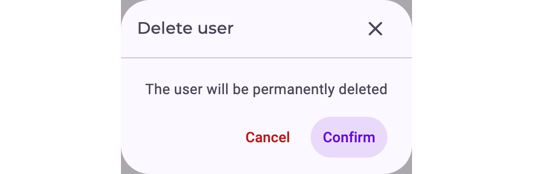 The dialog Delete user: The user will be permanently deleted, with Cancel and Confirm