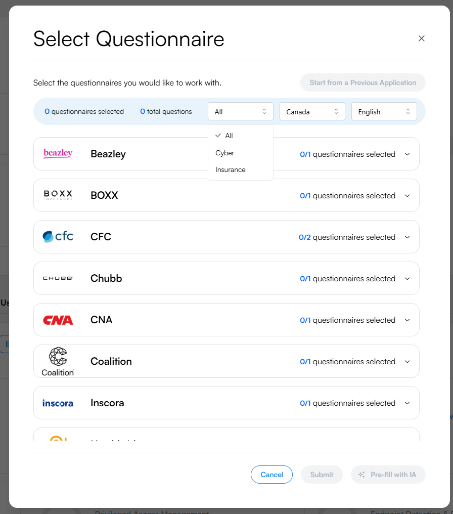Select Questionnaire modal showing the three dropdown filters (All, Canada, English) and the list of carriers including Beazley, BOXX, CFC, Chubb, CNA, Coalition, and Inscora, with Submit and Pre-fill with IA buttons at the bottom.