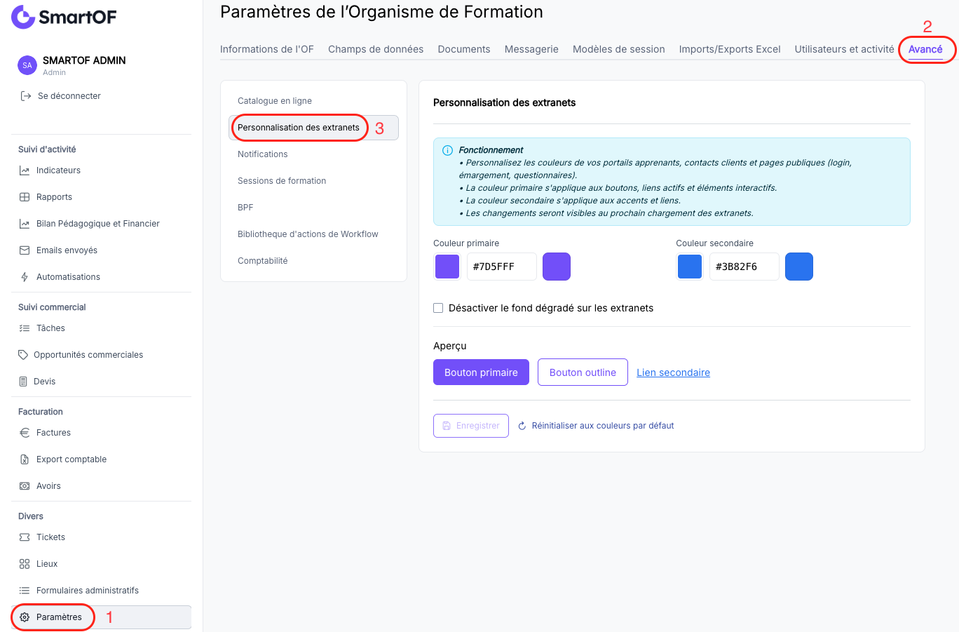 Menu Paramètres dans la section Divers, onglet Avancé, section Personnalisation des Extranets