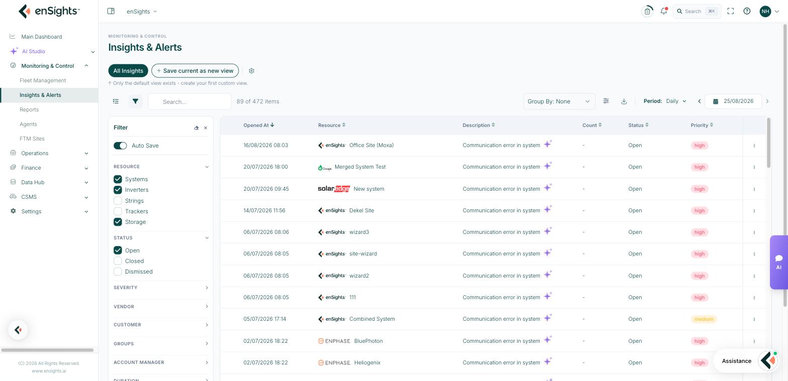 The filter panel on Insights & Alerts