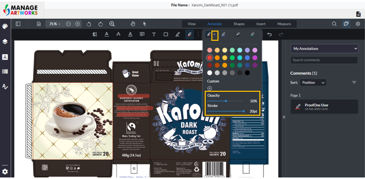 Change the stroke and opacity of the highlighted annotation on your packaging artwork