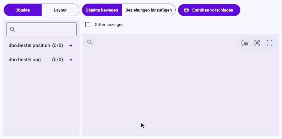 Animation: Die Tabelle dbo.bestellung wird aus der Liste auf die Arbeitsfläche gezogen und wird zu einem Objekt, dann fügt der Pfeil neben dbo.bestellposition oben links auf der Arbeitsfläche ein zweites Objekt hinzu