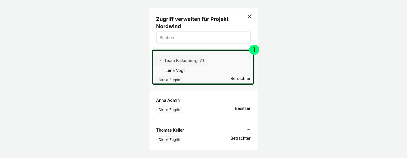Zugriffsübersicht auf dem Smartphone. Die aufgeklappte Gruppe mit ihrem Mitglied ist mit 1 markiert.