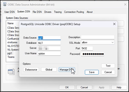 PostgreSQL Unicode ODBC Driver (psqlODBC) Configuration Setup with sample values
