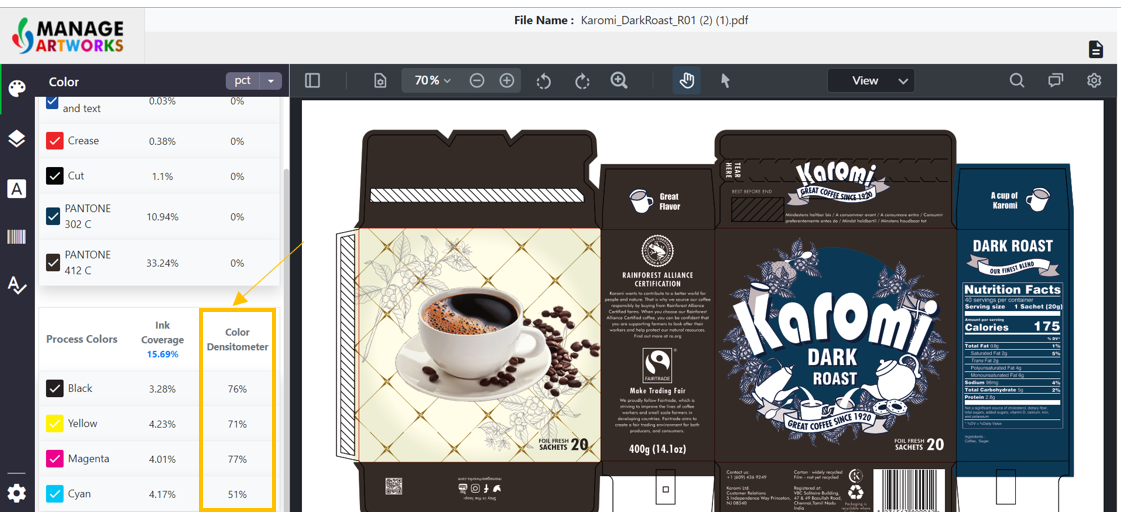 Color densitometer feature for packaging artworks