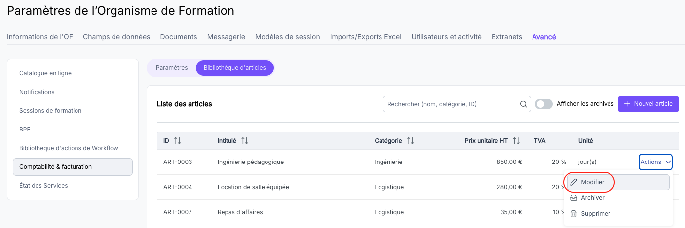 Menu Actions avec l'option Modifier sur une ligne d'article