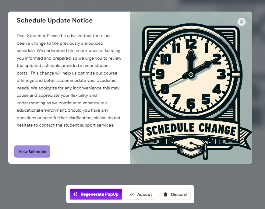 An example of an AI generated pop up announcing a schedule update