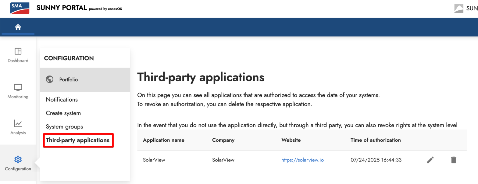 Settings menu showing Third-party applications