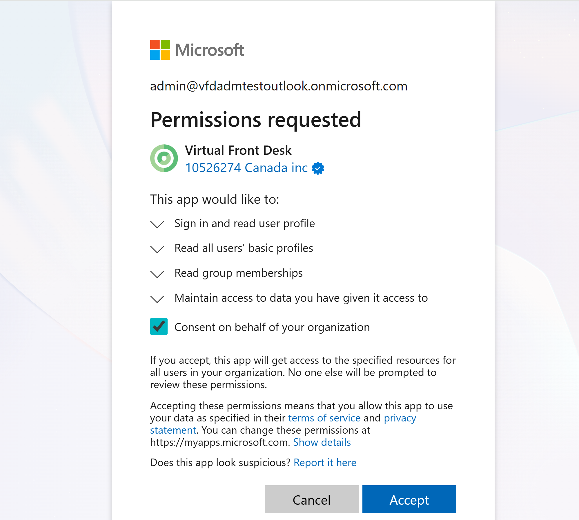 The Microsoft permissions request