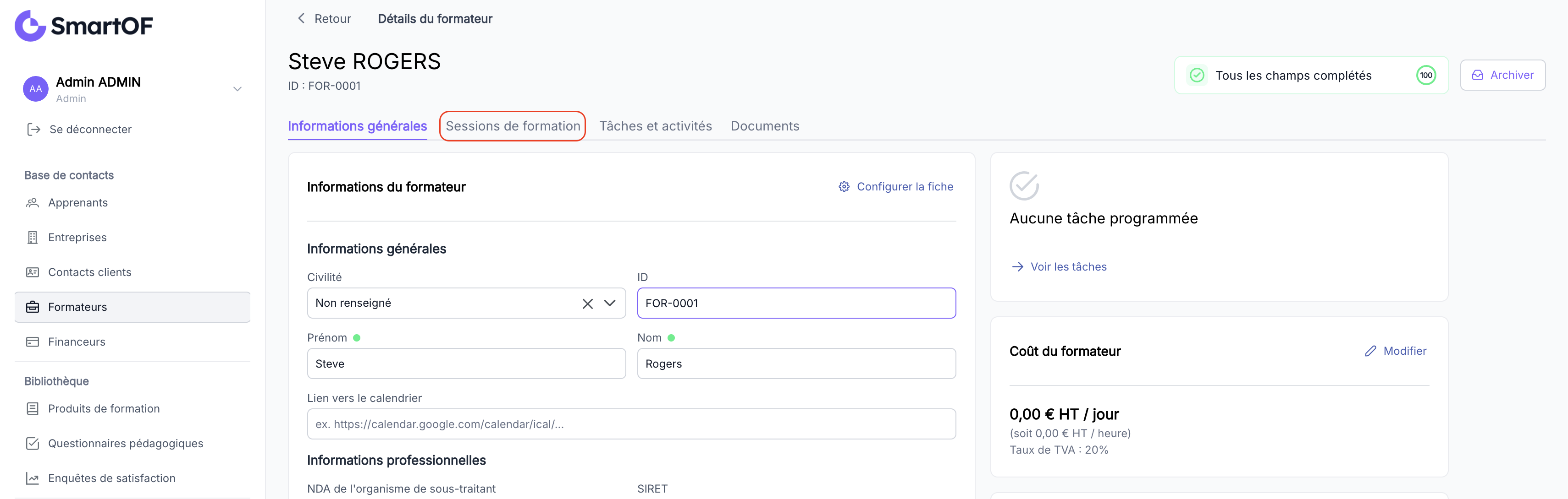 Onglet Sessions sur la fiche formateur