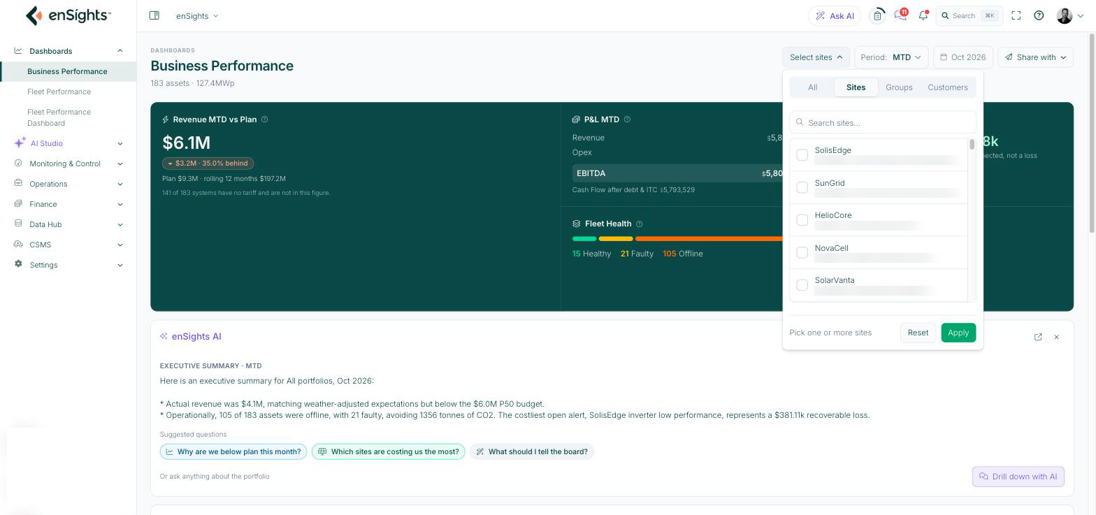 Portfolio filter on the Sites tab with search box and site rows showing kWp
