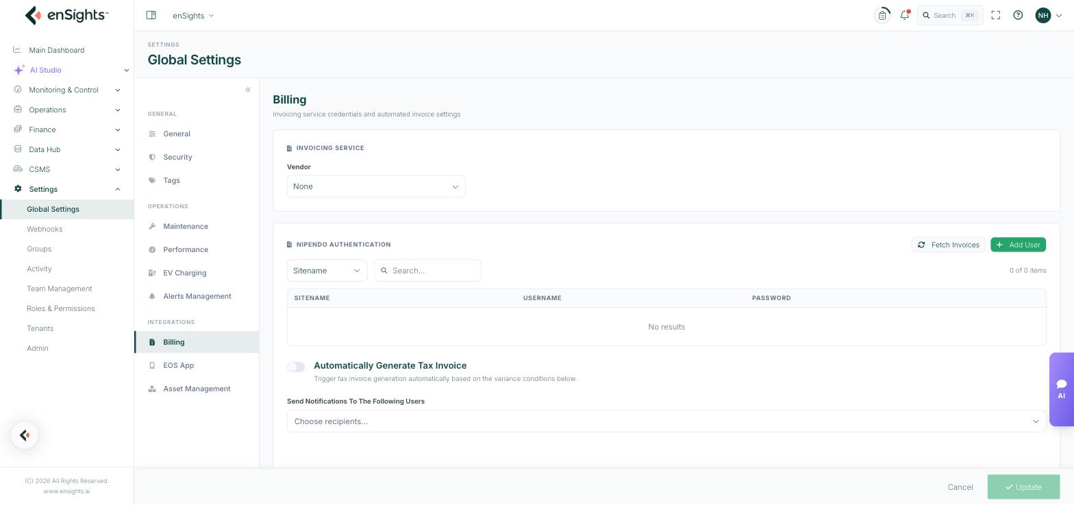 The Billing settings page: the Invoicing Service vendor selector, the Nipendo Authentication table with Fetch Invoices and Add User, and the Automatically Generate Tax Invoice toggle.
