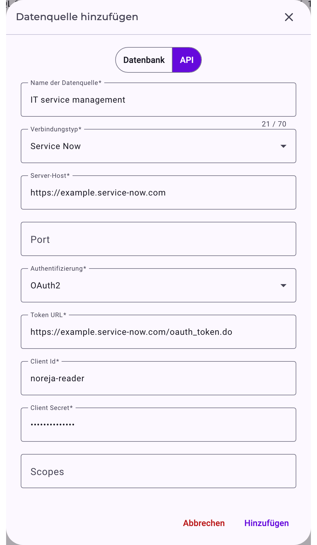 Der Dialog Datenquelle hinzufügen für eine Schnittstelle: Name IT service management, Verbindungstyp Service Now, Server-Host https://example.service-now.com, Authentifizierung OAuth2 mit Token URL, Client Id und Client Secret