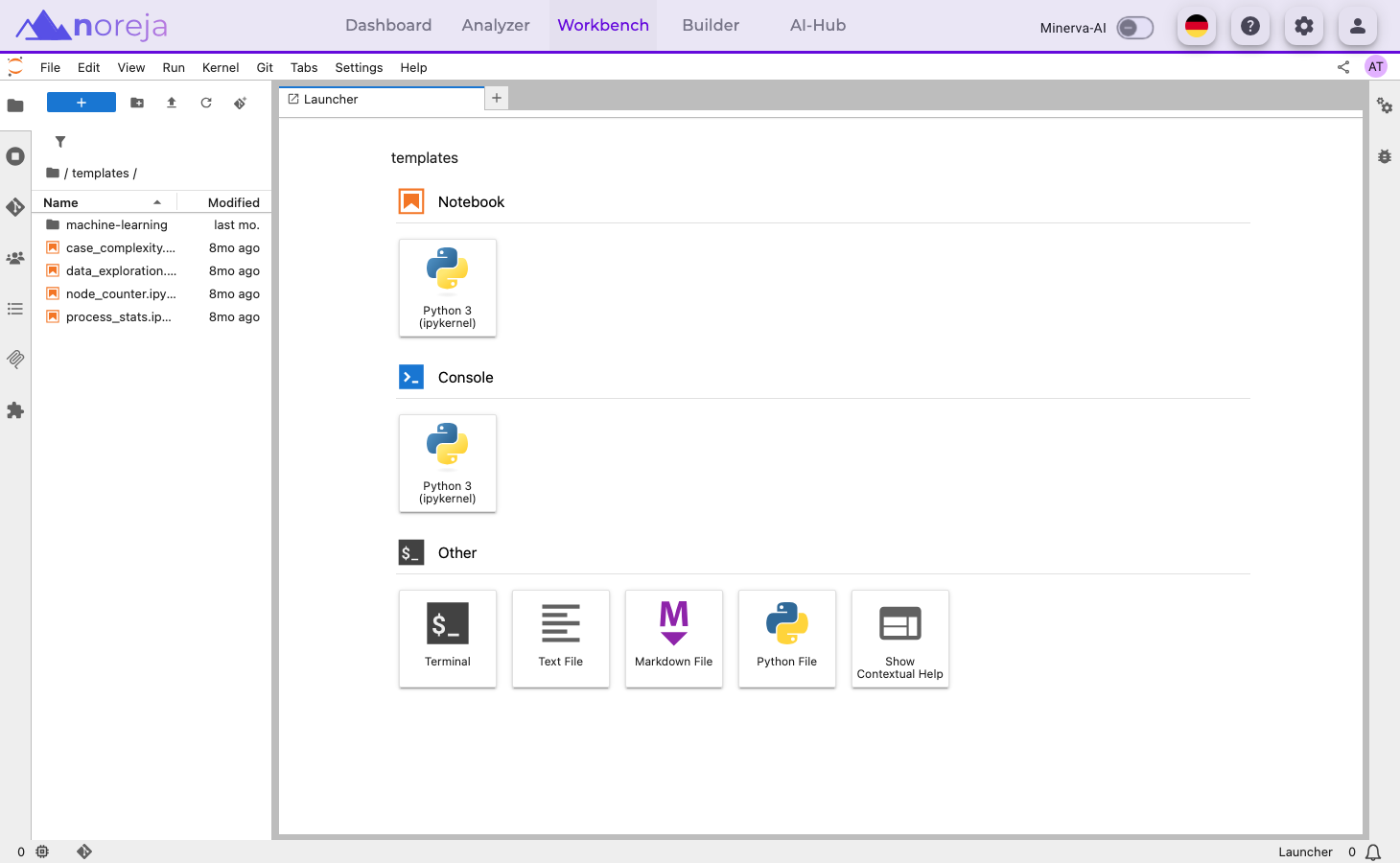 JupyterLab in Noreja unterhalb der oberen Leiste: links der Dateibrowser im Ordner templates mit machine-learning, case_complexity, data_exploration, node_counter und process_stats, rechts der Launcher mit Notebook, Console und Other