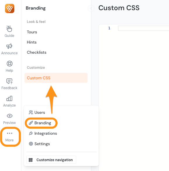 image showing where to find the custom css menu in Product Fruits administration