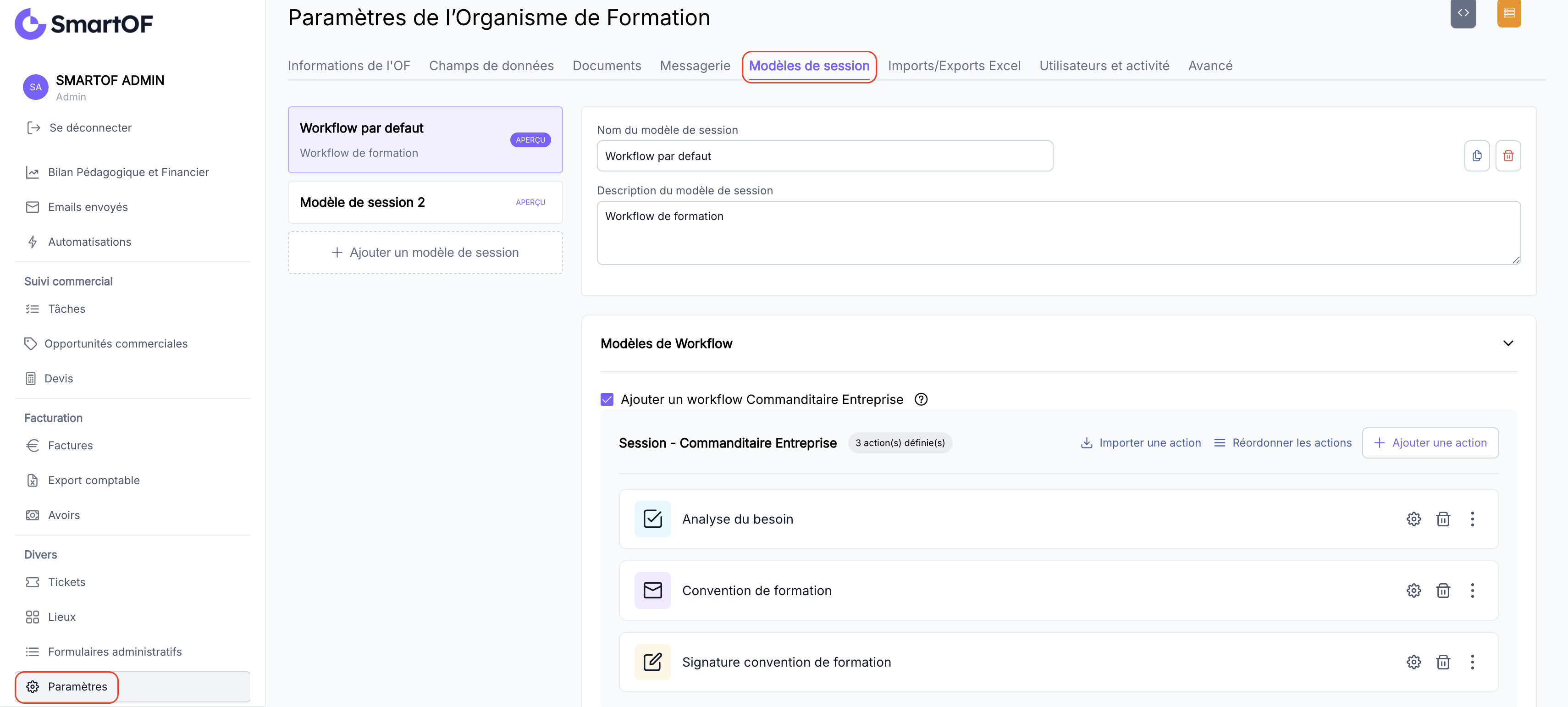 Liste des modèles de session dans Paramètres