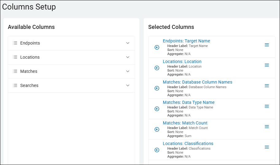 Column Setup for Total Matches by Location, structured report