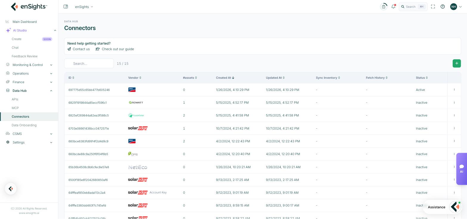 The Connectors list: fifteen connectors with their ID, vendor logo, asset count, created and updated dates, sync and fetch columns and Active or Inactive status, with a help strip and add button above.