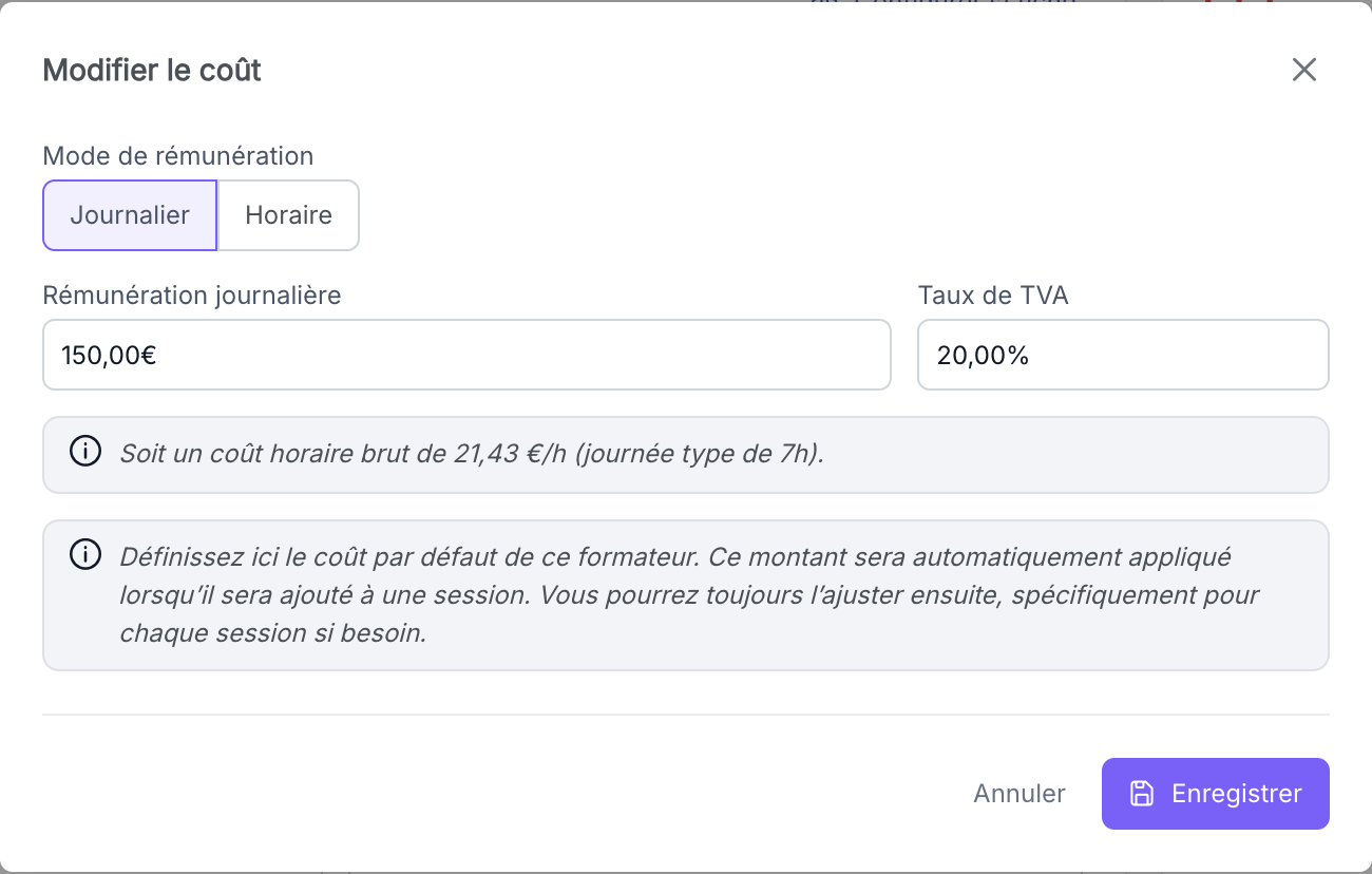 Section coût dans le formulaire de la fiche formateur