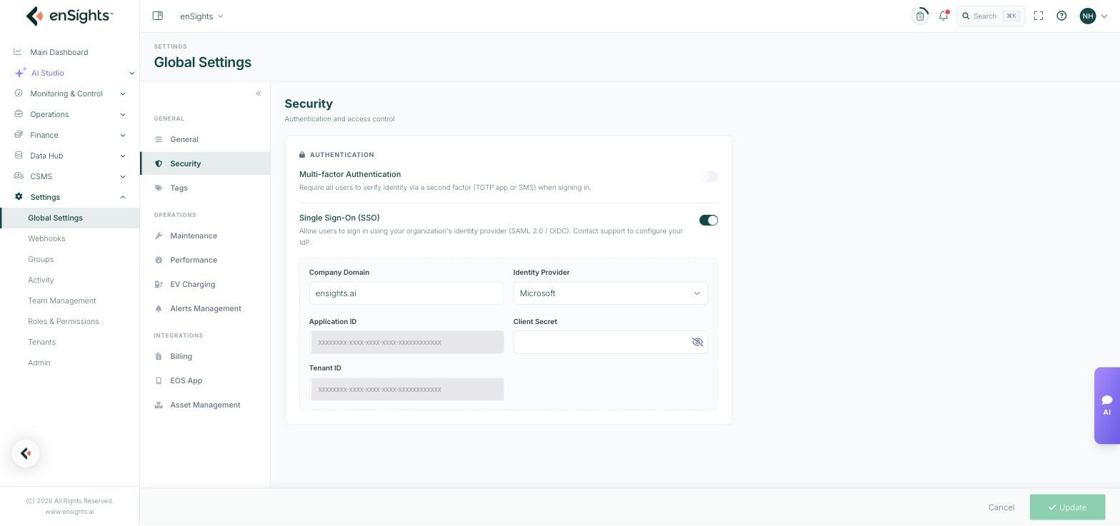 The Security page showing the Multi-factor Authentication toggle and Single Sign-On enabled, with Company Domain, Identity Provider, Application ID, Client Secret and Tenant ID fields.