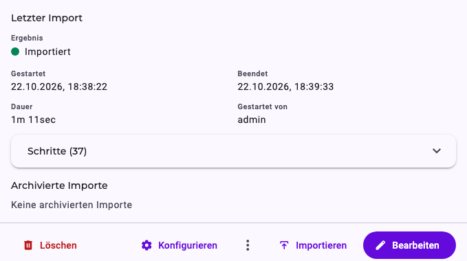 Die Importdetails der Perspektive: Ergebnis Importiert, gestartet 18:51:42, beendet 18:52:54, Dauer 1 min 12 s, gestartet von admin, 37 Schritte