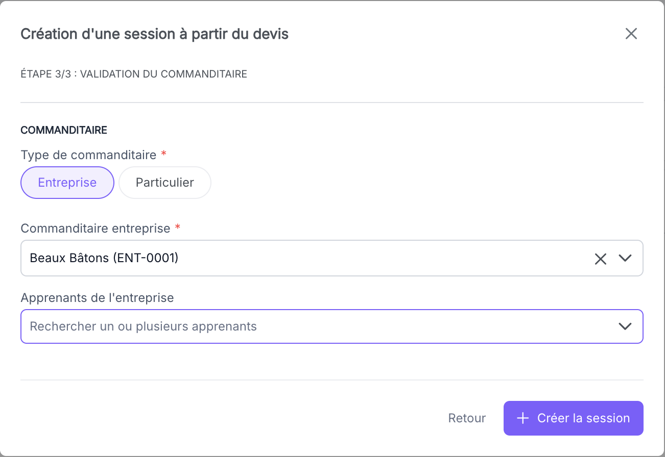 Étape 3 de la modale, ajout des apprenants