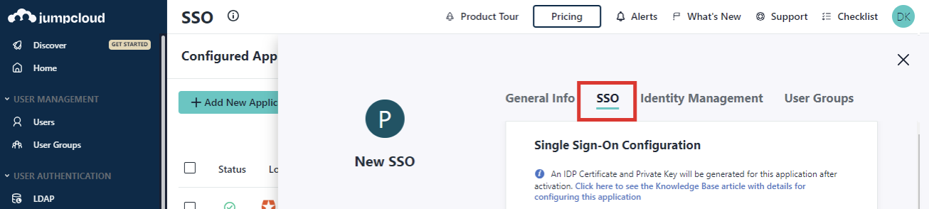 The JumpCloud platform New SSO page highlighting the SSO option