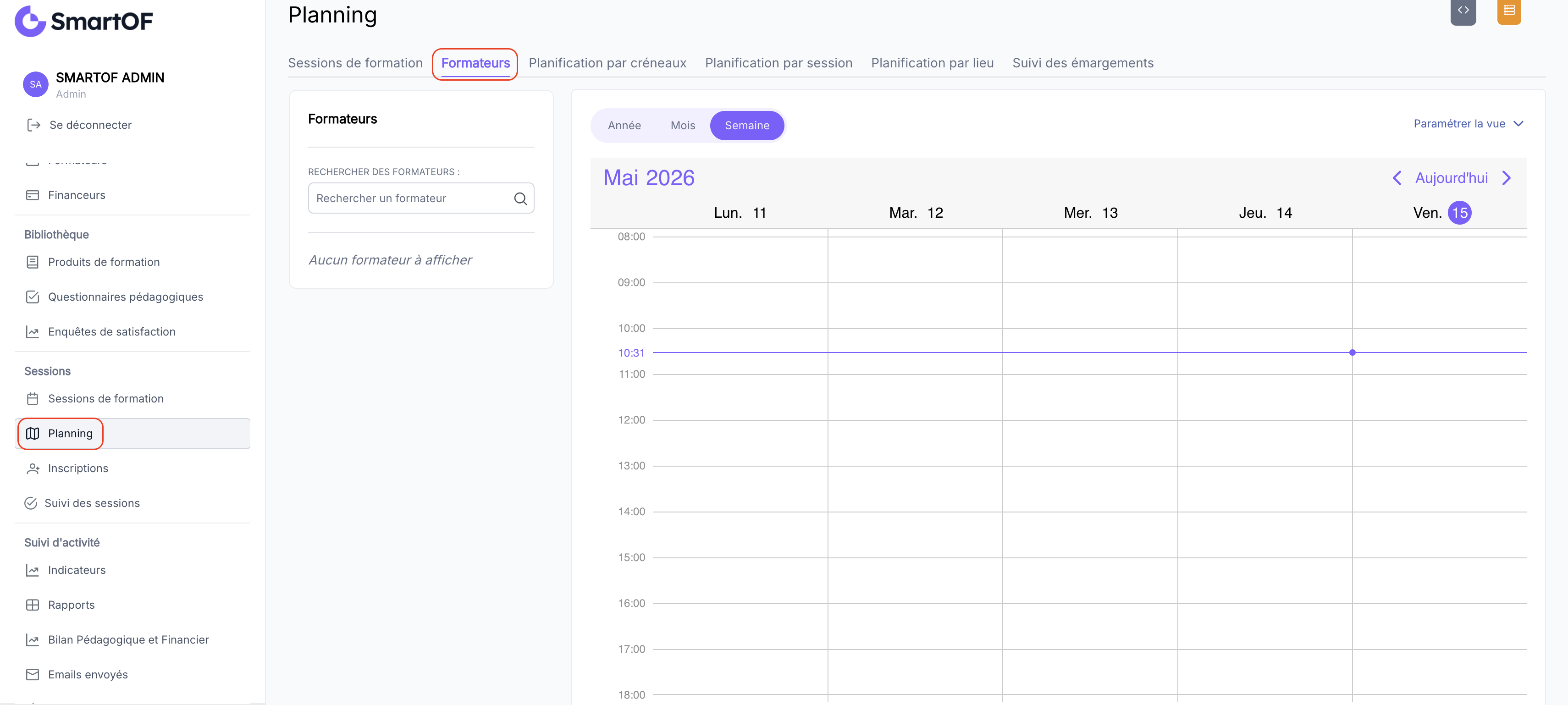 Vue Planning ></span> Formateurs avec le calendrier