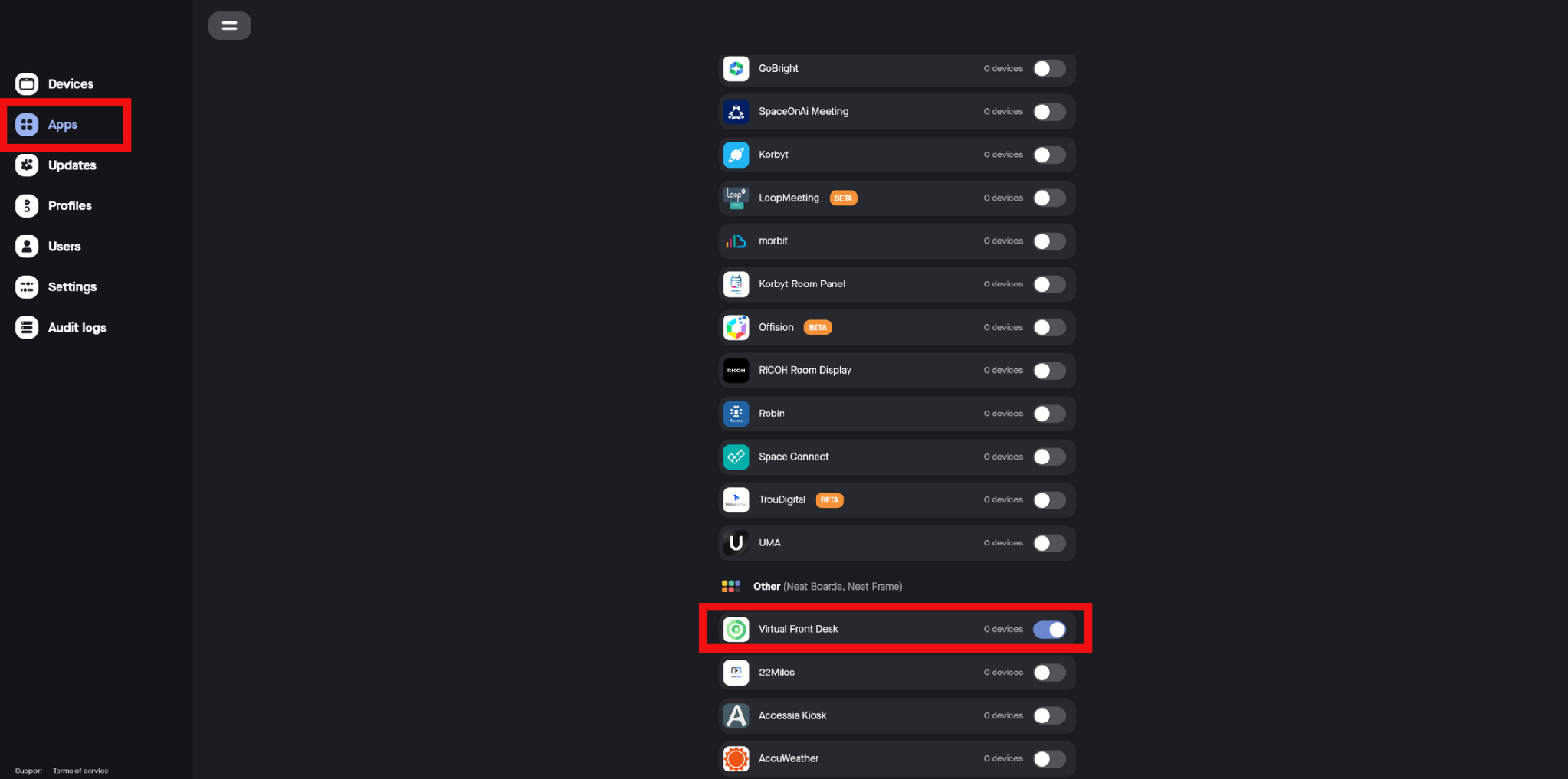 Turn on Virtual Front Desk in the Neat Pulse Apps menu