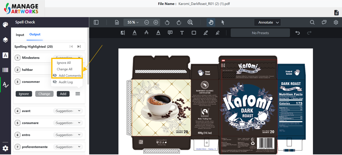 Manual spellcheck for packaging artworks