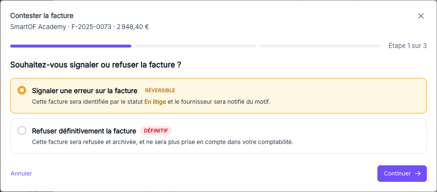Choix entre signaler une erreur et refuser définitivement la facture