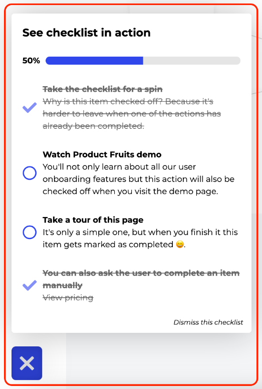 a Product Fruits checklist showing two items completed and the progress bar of the checklist