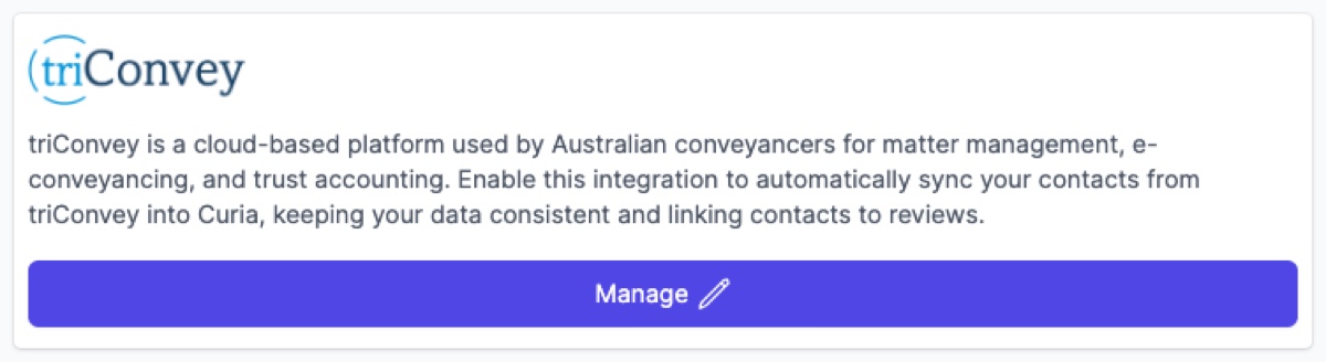 The Integrations page showing the grid of available integration cards, with the triConvey card visible showing its logo, description, and Connect button