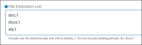 use one extension per line, ending with the trailing characters ;1 and no leading period